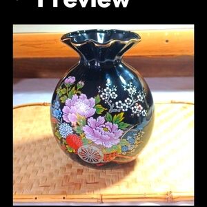 Japanese Floral Blue Vintage Asian Round  Ceramic Ruffle Vase 8T W4